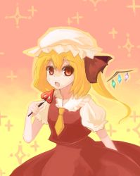 Rule 34 | 1girl, bad id, bad pixiv id, blonde hair, crystal, female focus, flandre scarlet, gradient background, hat, kame, lowres, mob cap, necktie, pink background, ribbon, solo, sparkle, standing, touhou, wings, yellow background, yellow necktie