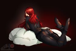 Rule 34 | 1girl, armor, ass, black bodysuit, bodysuit, crossed legs, eightyfourart, hair over one eye, high heels, highres, kirijou mitsuru, legs up, lipstick, lying, makeup, on stomach, persona, persona 3, persona 4: the ultimate in mayonaka arena, persona 4: the ultimax ultra suplex hold, red background, red eyes, red hair, red lips, solo, watermark