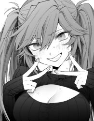 Rule 34 | 1girl, blush, breasts, cleavage, cleavage cutout, clothing cutout, double v, fingernails, greyscale, grin, hair between eyes, highres, large breasts, long hair, long sleeves, looking at viewer, maki keigo, meme attire, monochrome, open-chest sweater, original, ribbed sweater, sidelocks, simple background, sleeves past wrists, smile, solo, sweat, sweater, twintails, upper body, v