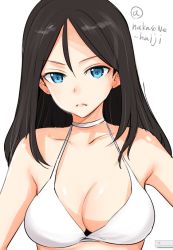 Rule 34 | 10s, 1girl, artist name, bad id, bad twitter id, bikini, black hair, blue eyes, breasts, choker, cleavage, closed mouth, commentary request, frown, girls und panzer, long hair, looking at viewer, medium breasts, nakasone haiji, nonna (girls und panzer), one-hour drawing challenge, signature, simple background, solo, swept bangs, swimsuit, upper body, white background, white bikini, white choker