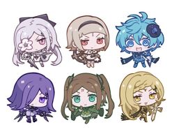 6+girls :d arched_bangs black_hairband blonde_hair blue_eyes blue_hair braid brown_hair chibi chibi_only closed_mouth commentary_request cross drag-on_dragoon five_(drag-on_dragoon) flower flower_over_eye four_(drag-on_dragoon) frown green_eyes hair_over_one_eye hairband holding holding_sword holding_weapon long_hair miichinori multiple_girls one_(drag-on_dragoon) open_mouth purple_eyes purple_hair red_eyes sidelocks simple_background smile sword three_(drag-on_dragoon) twintails two_(drag-on_dragoon) v-shaped_eyebrows weapon white_background white_hair yellow_eyes zero_(drag-on_dragoon)