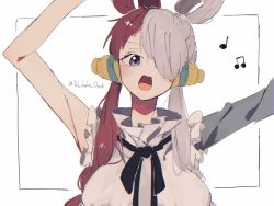 Rule 34 | 1girl, arms up, artist request, bare shoulders, blue eyes, breasts, dress, hair over one eye, headphones, highres, idol, large breasts, long hair, long sleeves, multicolored hair, music, musical note, one piece, one piece film: red, red hair, singing, smile, solo, twitter username, two-tone hair, upper body, uta (one piece), very long hair, white hair
