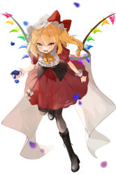 Rule 34 | 1girl, adapted costume, black footwear, blonde hair, blue flower, blue rose, boots, commission, cross-laced footwear, fangs, flandre scarlet, flower, full body, gotou (nekocat), hat, hat ribbon, highres, holding, holding flower, lace-up boots, long hair, looking at viewer, mob cap, nail polish, parted lips, petals, puffy short sleeves, puffy sleeves, red eyes, red nails, red ribbon, ribbon, rose, rose petals, short sleeves, side ponytail, simple background, slit pupils, smile, solo, standing, standing on one leg, touhou, white background, white hat, wings, wrist cuffs