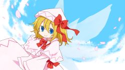 Rule 34 | 1girl, blonde hair, blue hair, bow, day, dutch angle, fairy, fairy wings, hat, hat bow, hat ribbon, leaning forward, lily white, looking at viewer, petals, ribbon, short hair, sky, smile, solo, touhou, wings, yamabuki (yusuraume)
