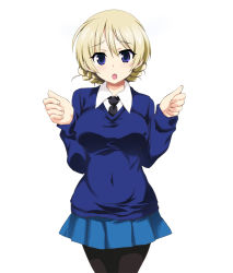 Rule 34 | 10s, 1girl, :o, black necktie, black pantyhose, blonde hair, blue eyes, blue skirt, blue sweater, braid, breasts, covered erect nipples, cowboy shot, darjeeling (girls und panzer), dress shirt, girls und panzer, long sleeves, looking at viewer, medium breasts, miniskirt, necktie, open mouth, ouhashi, pantyhose, pleated skirt, school uniform, shirt, short hair, simple background, skirt, solo, standing, sweater, twin braids, v-neck, w arms, white background, white shirt