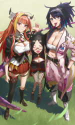 Rule 34 | 3girls, :d, ^ ^, absurdres, ahoge, belt, black-framed eyewear, black dress, black gloves, black hair, blonde hair, blunt bangs, bokken, bousouzoku, bow, braid, breasts, camisole, chest sarashi, cleavage, cleavage cutout, closed eyes, clothing cutout, coat, collar, creator connection, daikou-chan, delinquent, detached sleeves, diagonal-striped bow, dragon girl, dragon horns, dragon tail, dress, dual persona, elbow gloves, fishnet legwear, fishnets, frilled camisole, frills, glasses, gloves, high ponytail, highres, hololive, horn bow, horn ornament, horns, indie virtual youtuber, kiryu coco, kiryu coco (1st costume), kson, large breasts, long hair, medium breasts, mole, mole under eye, multicolored coat, multicolored hair, multiple girls, multiple persona, open clothes, open coat, open mouth, orange hair, pants, pantyhose, parted hair, petal print, piercing, print pants, print shorts, puffy pants, red shorts, sarashi, semi-rimless eyewear, shorts, side-tie skirt, side braid, smile, souchou, spiked hair, streaked hair, striped, striped bow, studded belt, studded choker, studded collar, sukeban, sword, tail, tongue, tongue out, tongue piercing, two-tone coat, under-rim eyewear, virtual youtuber, weapon, white pants, wooden sword, xiaoju xiaojie