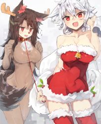 Rule 34 | 2girls, animal ears, antlers, bad id, bad pixiv id, bell, blush, bodysuit, breasts, brown hair, christmas, cleavage, collar, covered navel, dress, fake horns, flying sweatdrops, fur trim, highres, horns, imaizumi kagerou, inubashiri momiji, large breasts, leash, long hair, looking at viewer, multiple girls, open mouth, red dress, red eyes, red legwear, revision, sack, santa costume, santa dress, short dress, simple background, smile, suminagashi, tail, thighhighs, touhou, white background, white hair, wolf ears, wolf tail