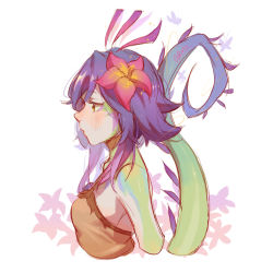 Rule 34 | 1girl, blush, breasts, brown shirt, flower, from side, hair flower, hair ornament, highres, league of legends, medium breasts, multicolored hair, neeko (league of legends), profile, red flower, ruan chen yue, shirt, tail