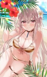 Rule 34 | 1girl, arm support, bare arms, bare shoulders, beach, bikini, blurry, breasts, brown choker, choker, cleavage, closed mouth, commission, depth of field, flower, front-tie bikini top, front-tie top, grey hair, hair flower, hair ornament, halterneck, hand up, highres, lace, lace-trimmed bikini, lace trim, large breasts, long hair, looking at viewer, motsunuki, multi-strapped bikini, navel, o-ring, o-ring bikini, original, outdoors, red eyes, side-tie bikini bottom, skeb commission, smile, solo, stomach, string bikini, swimsuit, thigh gap, thigh strap, thighs, virtual youtuber, wristband