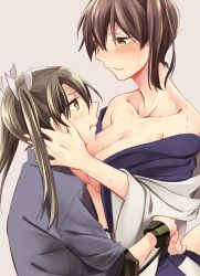 Rule 34 | 10s, 2girls, bare shoulders, blush, breasts, brown eyes, brown hair, collarbone, commentary request, eyebrows, female focus, grey background, grey hair, hair between eyes, hands on another&#039;s face, hug, kaga (kancolle), kantai collection, large breasts, long hair, looking at another, lying, multiple girls, off shoulder, on side, open clothes, short hair, side ponytail, simple background, sora (sky s04), sweat, twintails, yellow eyes, yuri, zuikaku (kancolle)