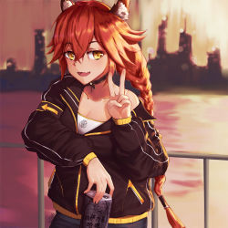 Rule 34 | 1girl, animal ears, black choker, black jacket, braid, can, choker, cityscape, contemporary, dark-skinned female, dark skin, fang, highres, holding, holding can, jacket, long hair, looking at viewer, lupusregina beta, open mouth, overlord (maruyama), railing, red hair, river, skin fang, smile, solo, twin braids, v, vchan, very long hair, wolf ears, yellow eyes