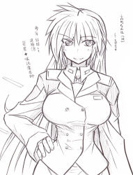 Rule 34 | 00s, 1girl, alternate hairstyle, breasts, buttons, eyebrows, greyscale, hand on own hip, jikai, large breasts, long hair, long sleeves, looking at viewer, lyrical nanoha, mahou shoujo lyrical nanoha, military, military uniform, monochrome, pencil skirt, simple background, skirt, solo, takamachi nanoha, uniform, very long hair, white background