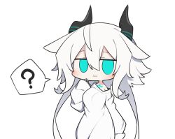 Rule 34 | 1girl, :3, ?, aqua eyes, black horns, blush, breasts, chibi, closed mouth, commentary request, dress, hand up, horns, jitome, kisaragi kaya, large breasts, long hair, long sleeves, looking at viewer, no pupils, no sclera, original, short hair with long locks, simple background, single bare shoulder, sleeves past wrists, solo, speech bubble, spoken question mark, syrgoth (kisaragi kaya), white background, white dress, white hair