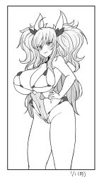 Rule 34 | 1girl, artist request, breasts, curvy, hands on own hips, highleg, highleg leotard, highres, huge breasts, impossible clothes, impossible leotard, leotard, lips, long hair, looking at viewer, monochrome, narrow waist, onizaki kirara, revealing clothes, simple background, smile, solo, standing, taimanin (series), taimanin rpgx, taimanin suit, thong leotard, twintails, very long hair, white background, wide hips