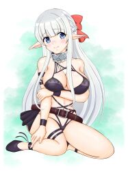 Rule 34 | 1girl, absurdres, arm under breasts, belt, blue eyes, blush, bondage outfit, braid, breasts, closed mouth, collar, elf, eyebrows hidden by hair, full body, hair between breasts, hair between eyes, hair ribbon, highres, large breasts, large ribbon, long hair, looking at viewer, maou no ore ga dorei elf wo yome ni shitanda ga dou medereba ii?, metal collar, nephelia, pointy ears, red ribbon, ribbon, simple background, sitting, smile, solo, user nxrh7488, very long hair, white hair