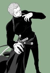 Rule 34 | 1boy, blush, commentary request, earrings, green background, highres, holding, holding clothes, jewelry, looking to the side, male focus, one eye closed, one piece, pants, partially colored, roronoa zoro, scar, scar across eye, short hair, sideburns, solo, sweater, sword, tanaka (tanakya123), turtleneck, turtleneck sweater, v-shaped eyebrows, weapon
