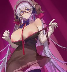 Rule 34 | 1girl, ark order, blue eyes, bow, breasts, collar, commentary request, elbow gloves, gloves, highres, large breasts, long hair, maid, maid headdress, nightgown, nipples, panties, panty pull, parted lips, purple-framed eyewear, purple background, purple bow, red cucumber, see-through, silver hair, solo, underwear