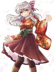 Rule 34 | 1girl, alternate costume, black pantyhose, boots, bow, cherry blossoms, fire emblem, fire emblem: radiant dawn, flower, frilled skirt, frills, gau fe, hair bow, japanese clothes, kimono, long hair, long skirt, long sleeves, micaiah (fire emblem), nintendo, pantyhose, petals, silver hair, skirt, smile, solo, white background, wide sleeves, yellow eyes