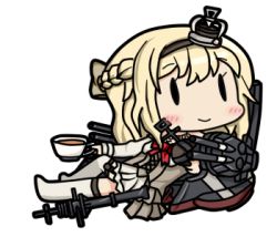 Rule 34 | 0 0, 10s, 1girl, 90mm single high-angle gun mount, bamomon, blonde hair, braid, chibi, commentary request, crown, cup, fairy (kancolle), french braid, hairband, holding, holding cup, kantai collection, long hair, lowres, mini crown, solid oval eyes, solo, warspite (kancolle), white legwear