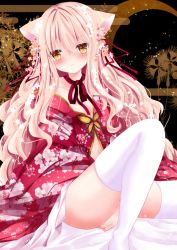Rule 34 | 1girl, animal ears, bad id, bad pixiv id, bed sheet, blush, bug, butterfly, cat ears, collarbone, commentary request, floral print, flower, hair between eyes, hair flower, hair ornament, hair ribbon, insect, japanese clothes, kimono, light brown hair, long hair, looking at viewer, nanase kureha, nanase nao, no shoes, original, panties, parted lips, pink panties, print kimono, red kimono, red ribbon, ribbon, sitting, solo, thighhighs, underwear, very long hair, white thighhighs, yellow eyes