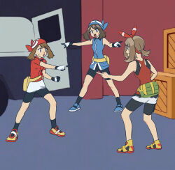 3girls :o bandana bike_shorts black_socks blue_bandana blue_footwear bow_hairband brown_hair commentary crate creatures_(company) fanny_pack game_freak gen-kun_(eeeeeenkun) gloves green_bag hairband highres may_(pokemon) meme motor_vehicle multiple_girls nintendo open_mouth pointing pointing_at_another pointing_spider-man_(meme) pokemon pokemon_adventures pokemon_oras pokemon_rse red_bandana shoes shorts skirt socks standing sweatdrop van white_gloves white_shorts white_skirt yellow_bag yellow_footwear