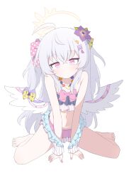 Rule 34 | 1girl, absurdres, angel wings, azusa (blue archive), azusa (swimsuit) (blue archive), blue archive, flower, hagoonha, hair flower, hair ornament, halo, highres, looking at viewer, official alternate costume, simple background, solo, thighs, white background, white wings, wings