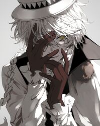 Rule 34 | 1boy, braid, bungou stray dogs, coat, collared coat, fur-trimmed coat, fur trim, gloves, grey background, hair between eyes, hand on own face, hat, highres, long hair, long sleeves, looking at viewer, male focus, nikolai gogol (bungou stray dogs), nozz177, open mouth, red gloves, sidelocks, simple background, single braid, smile, solo, star-shaped pupils, star (symbol), star in eye, symbol-shaped pupils, symbol in eye, upper body, white coat, white hair, white hat
