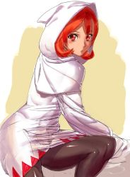 Rule 34 | 1girl, ashiomi masato, brown eyes, closed mouth, final fantasy, final fantasy iii, hood, looking at viewer, orange hair, pantyhose, refia, robe, short hair, simple background, solo, white background, white mage (final fantasy)