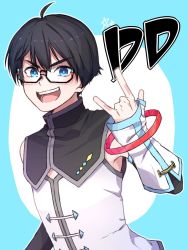 Rule 34 | 1boy, \m/, ahoge, black hair, blue background, blue eyes, character name, dd (xuni dd), glasses, highres, male focus, open mouth, simple background, smile, solo, star (symbol), virtual youtuber, xuni dd