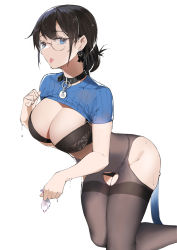 Rule 34 | 1girl, absurdres, alios arvin, black bra, black collar, black hair, black panties, black pantyhose, blue eyes, blue shirt, bra, breasts, cleavage, collar, commentary request, condom, crop top, dog tags, earrings, glasses, highres, holding, holding condom, jewelry, kneeling, lace, lace-trimmed bra, lace trim, large breasts, looking at viewer, mole, mole under eye, original, panties, panties under pantyhose, pantyhose, ponytail, round eyewear, shirt, short hair, sidelocks, simple background, solo, sweat, tail, thighband pantyhose, underwear, used condom