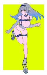 Rule 34 | 1girl, absurdres, belt buckle, bikini, black choker, blunt bangs, breasts, buckle, choker, cleavage, commentary request, full body, green eyes, green nails, grey footwear, grey hair, grey socks, hairband, highres, large breasts, leg up, long hair, mole, mole on breast, nail polish, original, revision, shoes, simple background, sleeves past wrists, sneakers, socks, solo, swimsuit, tarou2, thigh strap