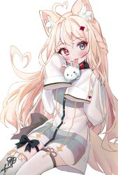 Rule 34 | 1girl, :p, absurdres, ahoge, animal ear fluff, animal ears, blonde hair, blue eyes, blush, breasts, cat ears, cat tail, hair ornament, heart, heart ahoge, heterochromia, highres, large breasts, lee jooin, long hair, long sleeves, looking at viewer, multicolored hair, navel, red eyes, see-through, see-through shirt, sitting, star (symbol), star hair ornament, streaked hair, tail, tanasechobi, thighhighs, tongue, tongue out, v-lup, virtual youtuber, white hair, white thighhighs
