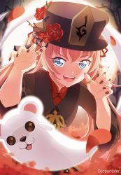 Rule 34 | 1girl, :d, artist name, bang dream!, black coat, black headwear, black nails, blue eyes, blush, chinese clothes, coat, collared coat, collared shirt, cosplay, despuntater, flower, genshin impact, ghost, ghost pose, glowing, glowing eyes, hair between eyes, hat, hat flower, hat ornament, highres, hu tao (genshin impact), hu tao (genshin impact) (cosplay), jewelry, long hair, long sleeves, looking at viewer, michelle (bang dream!), multiple rings, nail polish, open mouth, plum blossoms, porkpie hat, red flower, red hair, red shirt, ring, shirt, sidelocks, smile, solo focus, standing, talisman, tamade chiyu, tassel, teeth, thumb ring, twintails, upper body, upper teeth only