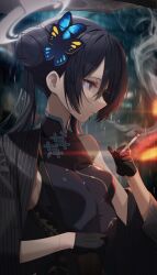 Rule 34 | 1girl, bare shoulders, black coat, black dress, black gloves, black hair, blue archive, breasts, butterfly hair ornament, china dress, chinese clothes, cigarette, coat, double bun, dragon print, dress, gloves, grey eyes, hair bun, hair ornament, half gloves, halo, highres, holding, holding cigarette, kisaki (blue archive), kyudong., looking to the side, multicolored hair, night, rain, sleeveless, sleeveless dress, small breasts, smoking, solo, standing, striped, striped coat, twintails, vertical-striped coat