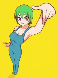 Rule 34 | 1girl, breasts, brown eyes, closed mouth, commentary, english commentary, foo fighters (jojo), full body, green hair, green lips, highres, jeff miga, jojo no kimyou na bouken, legs together, lipstick, looking at viewer, makeup, medium breasts, overalls, pointing, pointing down, short hair, smile, solo, standing, yellow background