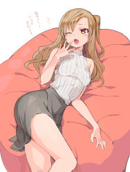 Rule 34 | 1girl, ;o, black skirt, breasts, hand to own mouth, highres, konbu wakame, light brown hair, long hair, looking at viewer, lying, medium breasts, on side, one eye closed, one side up, original, red eyes, ribbed sweater, simple background, skirt, sleeveless, sleeveless turtleneck, solo, striped, sweater, sweater vest, swept bangs, teardrop, text focus, thighs, translation request, tsurime, turtleneck, vertical stripes, waking up, wavy hair, white background, yawning