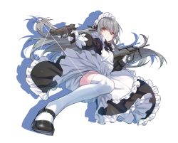 Rule 34 | 1girl, apron, assault rifle, beretta 92, black dress, black footwear, bullpup, closed mouth, closers, dress, floating hair, frilled apron, frills, gloves, grey hair, gun, hand up, handgun, highres, holding, holding gun, holding pistol, holding weapon, kneeling, long hair, long sleeves, looking at viewer, maid, maid headdress, mary janes, on one knee, orange eyes, panties, panty peek, pistol, rifle, shadow, shoes, simple background, solo, steyr aug, supernew, thighhighs, tina (closers), trigger discipline, underwear, weapon, white background, white gloves, white panties, white thighhighs