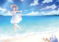 Rule 34 | bare legs, barefoot, blue hair, blue sky, braid, closed eyes, cloud, date a live, dress, facing viewer, hair between eyes, highres, long hair, ocean, open hand, open mouth, outstretched arms, sand, sky, smile, stuffed animal, stuffed toy, takamiya mio, teddy bear, tsunako, water, white dress