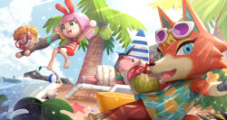 Rule 34 | 2boys, 2girls, :d, animal crossing, animal ears, animal nose, aqua dress, arms up, audie (animal crossing), beach, beach chair, black bodysuit, blonde hair, blue eyes, bodysuit, bug, butterfly, butterfly on nose, chair, cloud, coconut, coconut cup, commentary request, conch, day, diving mask, diving suit, dom (animal crossing), dress, drink, drinking straw, eyewear on head, flower, fox ears, fox girl, full body, furry, furry female, goggles, gonzarez, green eyes, grey eyes, insect, jumping, leaf, light rays, looking at viewer, lounge chair, lying, medium hair, multiple boys, multiple girls, nintendo, ocean, on back, one-piece swimsuit, open mouth, outdoors, palm leaf, palm tree, pineapple print, pink hair, print dress, seashell, shark, sheep boy, shell, shore, short hair, sky, smile, snorkel, snorkel in mouth, starfish, sunglasses, sunlight, surfboard, swimsuit, tree, villager (animal crossing), water