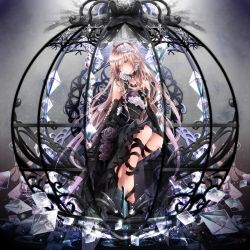 1girl barefoot black_dress blue_eyes blush brown_hair cage cross-laced_footwear dress female_focus full_body grey_background head_tilt highres ia_(vocaloid) long_hair looking_at_viewer md5_mismatch resolution_mismatch simple_background sitting solo source_smaller tyouya very_long_hair vocaloid