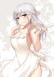 Rule 34 | 1girl, apron, bad id, bad pixiv id, batter, blush, breasts, cccpo, cleavage, closed mouth, collarbone, commentary request, frilled apron, frills, hair ornament, half updo, hands up, holding, long hair, looking at viewer, medium breasts, naked apron, original, red eyes, sideboob, solo, standing, white apron, white hair