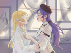 Rule 34 | 2girls, absurdres, ayase eli, beret, blindfold, blonde hair, blush, breasts, feathers, green eyes, hair down, hat, highres, holding, holding feather, large breasts, lips, lipstick, long hair, love live!, love live! school idol project, makeup, multiple girls, profile, purple hair, shirt, smile, tojo nozomi, user mumf4825, white blindfold, white shirt