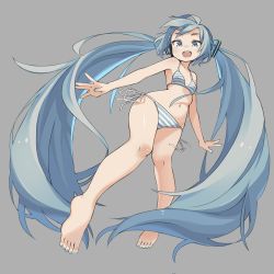 Rule 34 | 1girl, :d, barefoot, bikini, blue eyes, blue hair, breasts, grey background, halterneck, hatsune miku, highres, icon 315, knees together feet apart, long hair, nail polish, open mouth, round teeth, side-tie bikini bottom, simple background, small breasts, smile, solo, string bikini, striped bikini, striped clothes, swimsuit, teeth, toenail polish, toenails, very long hair, vocaloid