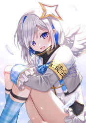 Rule 34 | 1girl, 723/nanahumi, :d, amane kanata, amane kanata (1st costume), armband, bad id, bad pixiv id, blue bow, blue hair, blue socks, bob cut, bow, commentary request, feathered wings, feathers, feet out of frame, frilled skirt, frills, grey jacket, hair over one eye, halo, highres, hololive, jacket, knees up, long sleeves, looking at viewer, mini wings, multicolored hair, open clothes, open jacket, open mouth, pixiv id, plaid, plaid legwear, purple eyes, red hair, shirt, silver hair, single hair intake, sitting, skirt, smile, socks, solo, star halo, streaked hair, twitter username, two-tone hair, virtual youtuber, white feathers, white shirt, white skirt, white wings, wide sleeves, wings