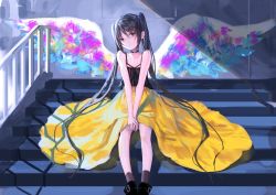 Rule 34 | 1girl, :&lt;, ankle boots, bare arms, bare shoulders, black footwear, black hair, black socks, boots, brown eyes, camisole, closed mouth, collarbone, feet out of frame, head tilt, highres, kneehighs, light, long hair, long skirt, looking at viewer, multicolored wings, okuma mai, original, own hands together, railing, sitting, skirt, sleeveless, socks, solo, spaghetti strap, stairs, twintails, v arms, very long hair, wings, yellow skirt