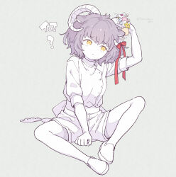 Rule 34 | 1girl, animal ears, arm up, between legs, blue flower, brown hair, closed mouth, curled horns, dot nose, flower, full body, grey background, hand between legs, horizontal pupils, horn flower, horn ornament, horn ribbon, horns, medium hair, original, partially colored, pink flower, ribbon, sheep ears, sheep girl, shirt tucked in, shoes, short shorts, short sleeves, shorts, sitting, solo, terayamaden, translation request, twitter username, yellow eyes, yellow flower