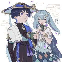 1boy 1girl aqua_hair armor armpit_cutout belt black_bodysuit black_bow black_shorts blue_cape blue_hair blue_hat blunt_bangs blunt_ends blush_stickers bodysuit bow bracelet cape clothing_cutout cloud collarbone cowlick cross_hair_ornament cup dress expressionless eyeliner eyeshadow faruzan_(genshin_impact) feathers genshin_impact gold hair_between_eyes hair_ornament hakama hakama_shorts happy hat highres holding holding_cup japanese_armor japanese_clothes jewelry jingasa kimono kote kurokote long_hair makeup mandarin_collar neck_ring open_clothes open_kimono open_mouth pom_pom_(clothes) purple_belt purple_eyes purple_rope red_eyeliner red_eyeshadow rope scaramouche_(genshin_impact) short_sleeves shorts shoulder_cutout sidelocks skirt_cutout steam tassel tokodenashi twintails vision_(genshin_impact) wanderer_(genshin_impact) white_background white_dress white_kimono white_sleeves bracelet x_hair_ornament yunomi