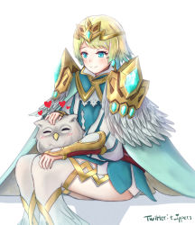 Rule 34 | 1girl, animal, armor, bird, cape, commentary, crown, dress, earrings, feather trim, feh (fire emblem heroes), fire emblem, fire emblem heroes, fjorm (fire emblem), gradient hair, headpat, heart, ippers, jewelry, multicolored hair, nintendo, owl, pauldrons, short dress, short hair, shoulder armor, simple background, sitting, smile, striped, thighhighs, twitter username, vertical stripes, white background