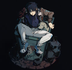 Rule 34 | 1boy, black background, black hair, black shirt, blue footwear, bomber jacket, bouquet, brown jacket, closed mouth, commentary request, dog, expressionless, flower, full body, highres, in trash can, itou kaiji, jacket, kaiji, long hair, long sleeves, looking to the side, male focus, open clothes, open jacket, pants, red flower, red rose, rose, shirt, shoes, sidelocks, sitting, sneakers, solo, trash bag, trash can, wanted, white pants, yi guo xigua tong