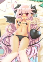 Rule 34 | 1girl, ahoge, beach, bikini, black wings, blush, breasts, horns, huge ahoge, long hair, looking at viewer, lying, makai shin trillion, mizunashi (second run), navel, on back, open mouth, pink hair, red eyes, ruche, sand, sheep horns, small breasts, solo, swimsuit, tail, very long hair, white wings, wings